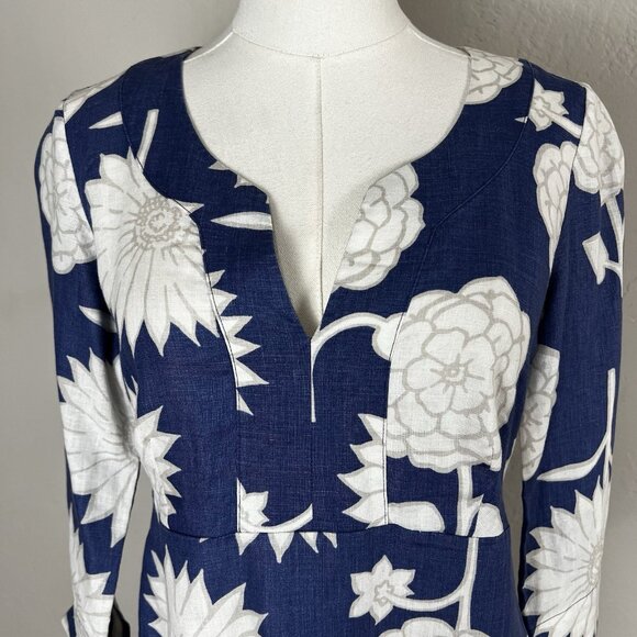 BODEN 100% Linen Blue Floral 3/4 Sleeve Tunic Knee Length Dress Size‎ UK 8 US 4 - Picture 2 of 14